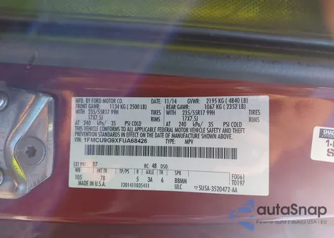 2015 Ford Escape Se from USA, damaged, VIN 1FMCU9G9XFUA68426